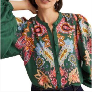 NWOT Boden Dark Green Paisley Button-Front Blouse with Pink & Yellow Accents